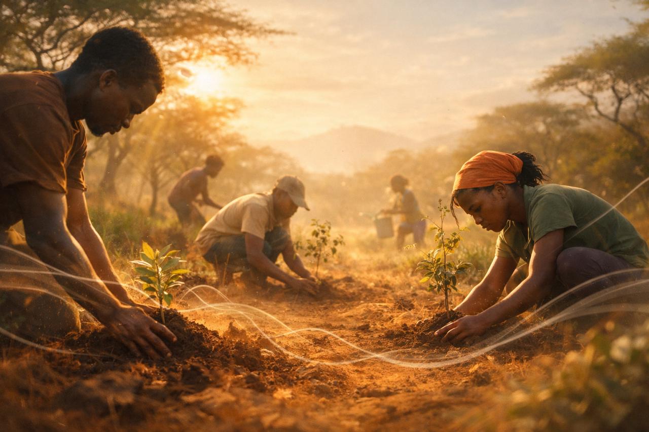 People planting trees and working the land together in a sustainable farming community