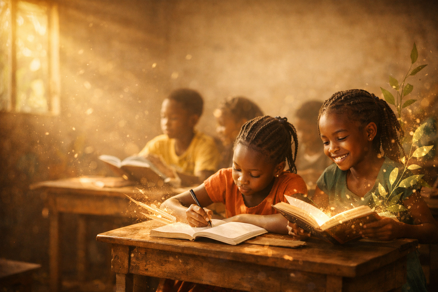 Children in a classroom engaged in learning with books